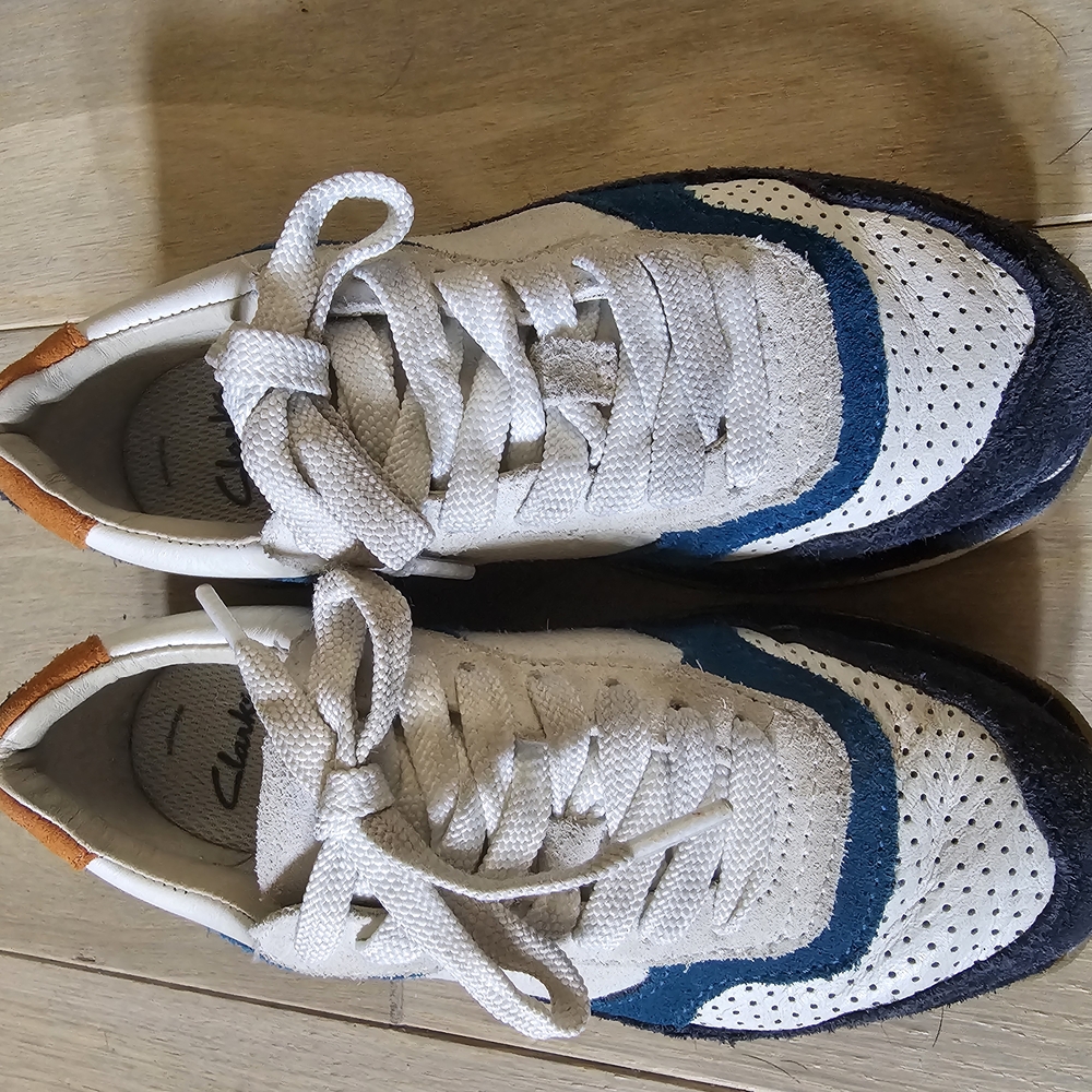 Clarks Kids Leather Sneakers in White and Navy with Orange Accents